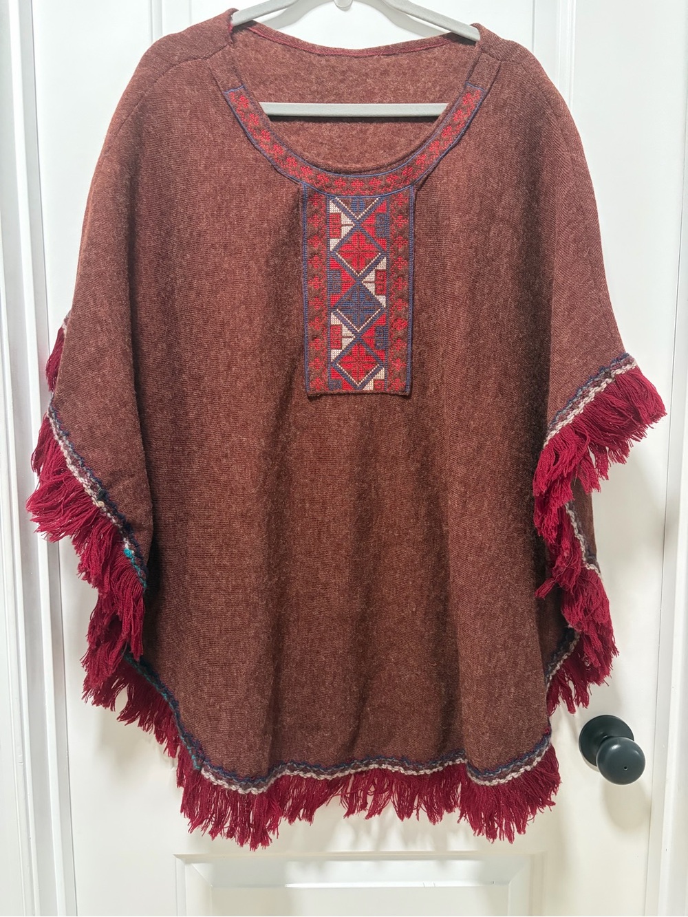 Southwestern Embroidered Wool Blend Poncho One Size Fringe Boho Folk Cottagecore